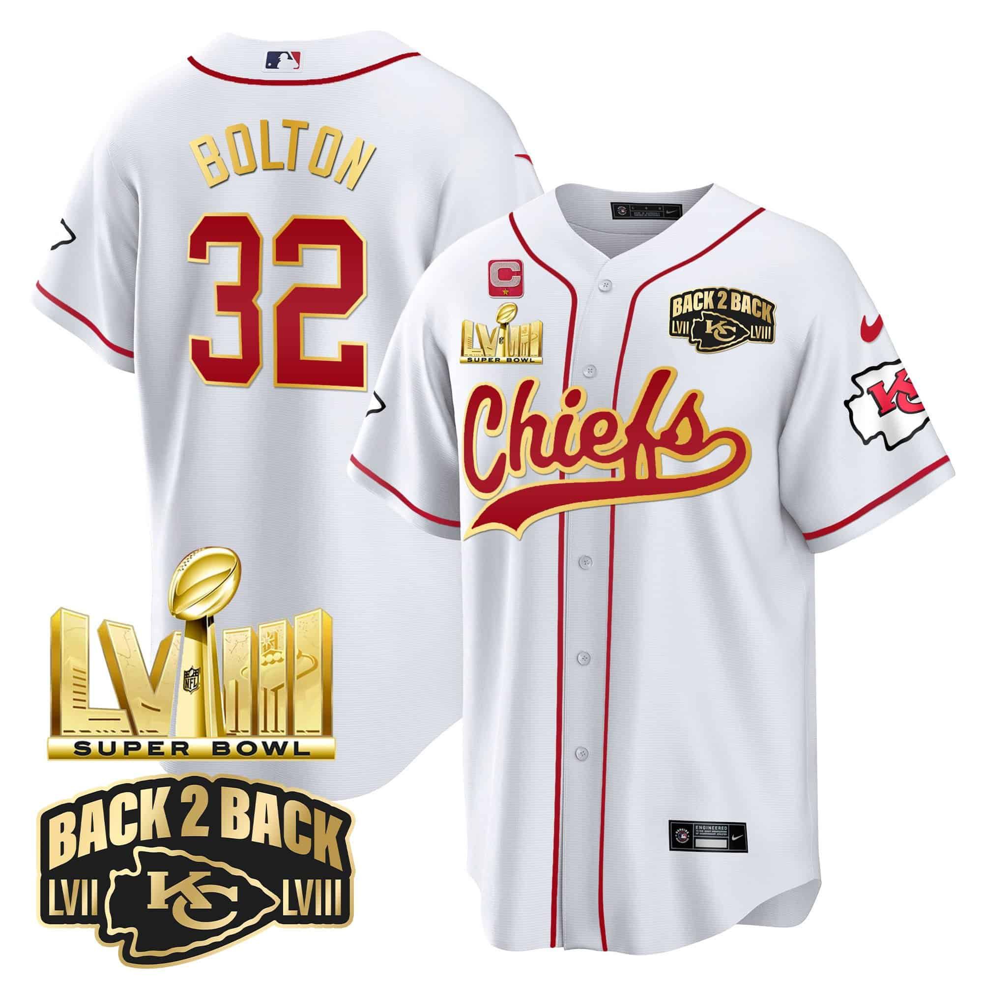 Men Kansas City Chiefs #32 Bolton White 2024 Nike Super Bowl LVIII Back-2-Back Gold Patch Baseball NFL Jersey